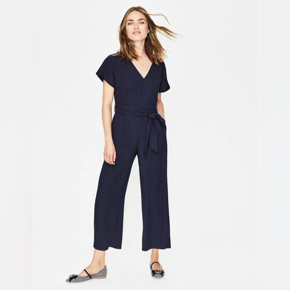 BODEN Navy blue flutter sleeve V neck wide leg crop jumpsuit size 6R. - Picture 1 of 16